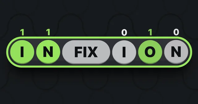 The word INFIXION built around the infix FIX, with a score over each letter