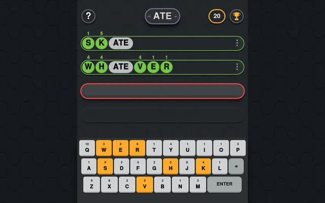 Infixion board for 21 October 2026 with the infix ATE: SKATE and WHATEVER entered with points over each letter, and the keyboard showing reduced letter values