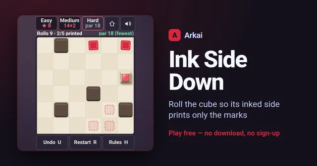 Ink Side Down Hard board with a cube, blocked squares, printed red marks and dashed marks still to print