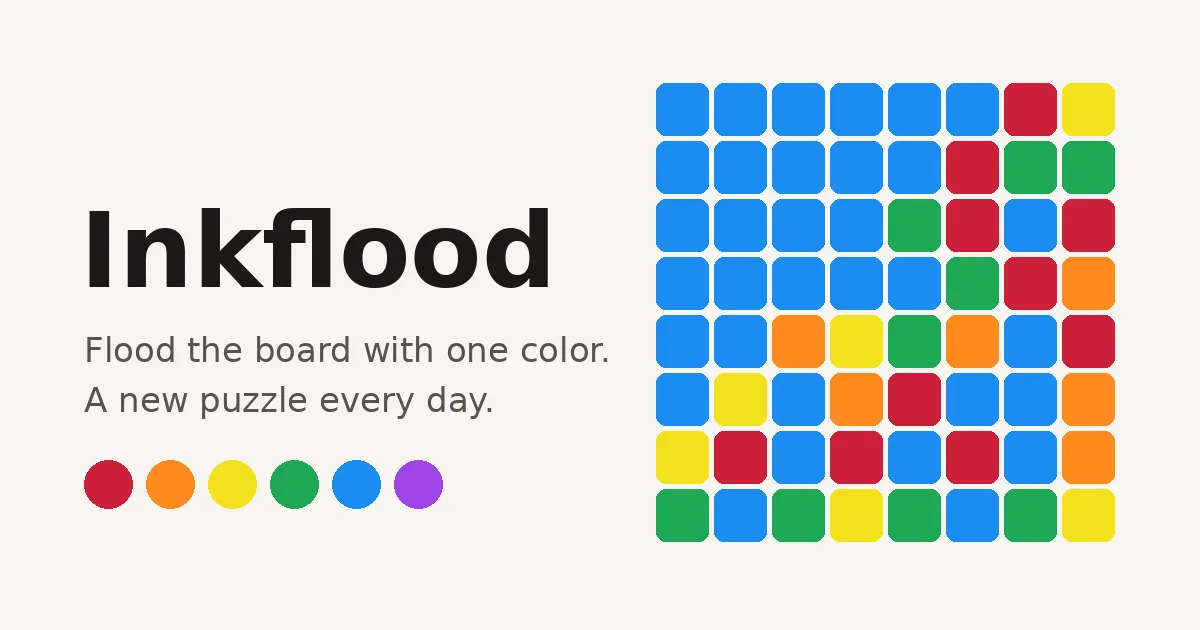 Inkflood's own art: the name, Flood the board with one color, six colour dots and an 8 by 8 grid of coloured tiles