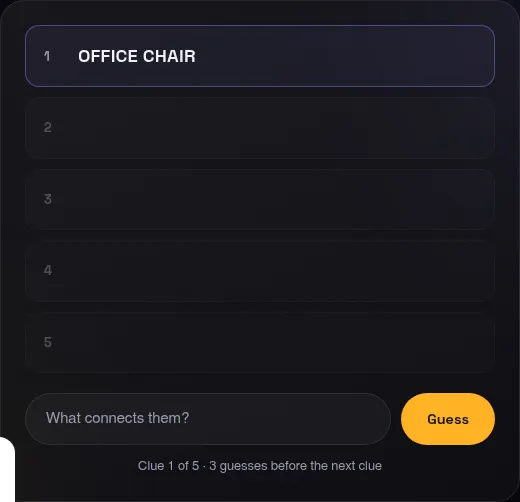 Inkling on Puzzle Round: five clue slots with the first clue revealed, a What connects them box and a Guess button
