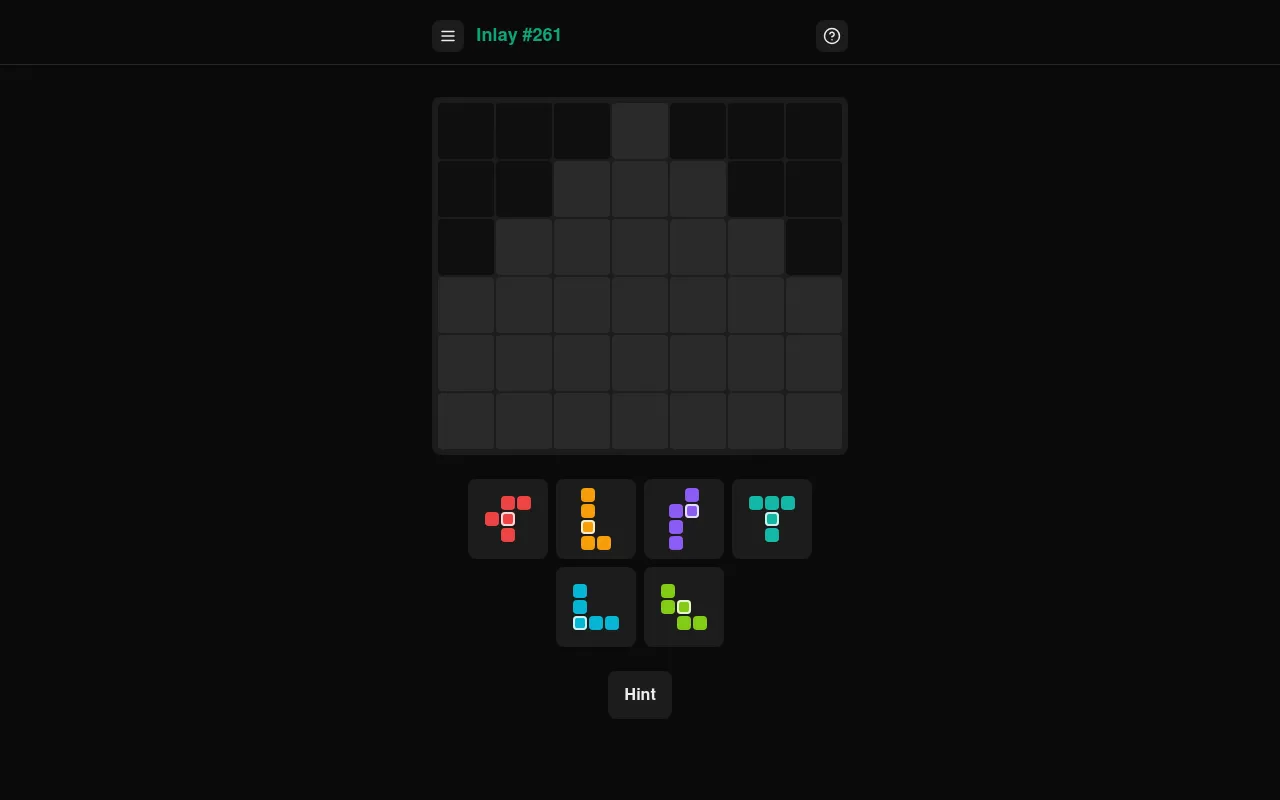 Inlay #261 (19 Oct 2026): an empty house-shaped target on a 7 by 6 grid above six pentomino pieces and a Hint button