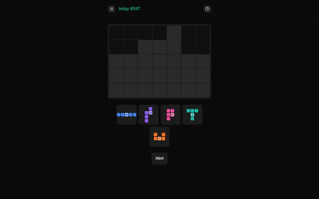 Inlay #247: an empty target shape on a 7 by 5 grid above five pentomino pieces (I, N, P, T and U) and a Hint button