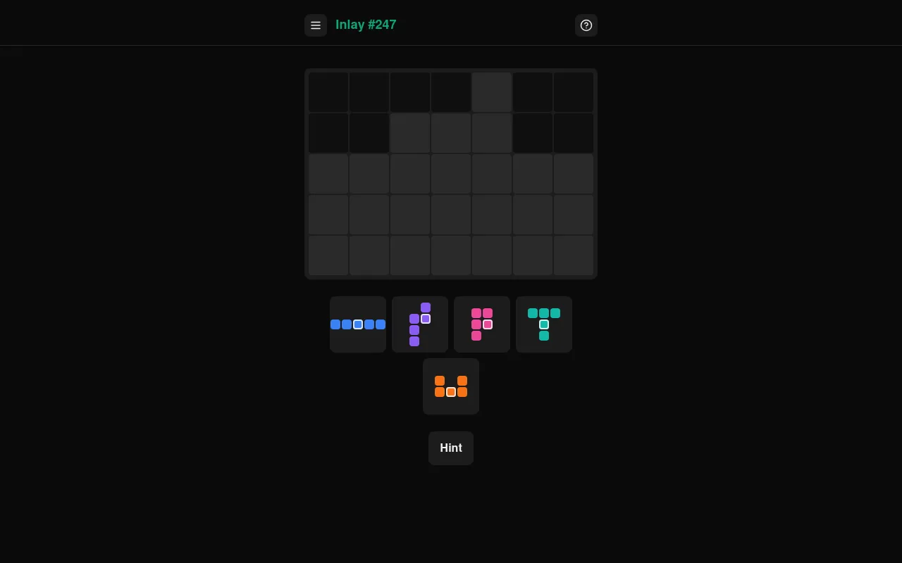 Inlay #247: an empty target shape on a 7 by 5 grid above five pentomino pieces (I, N, P, T and U) and a Hint button