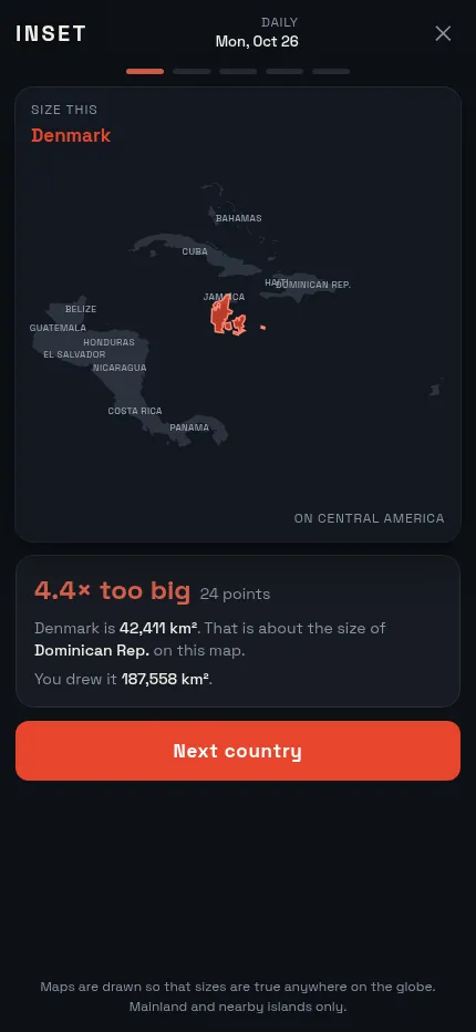 INSET on a phone after a submit: Denmark shown 4.4 times too big for 24 points, with its real 42,411 km2 compared to the Dominican Republic