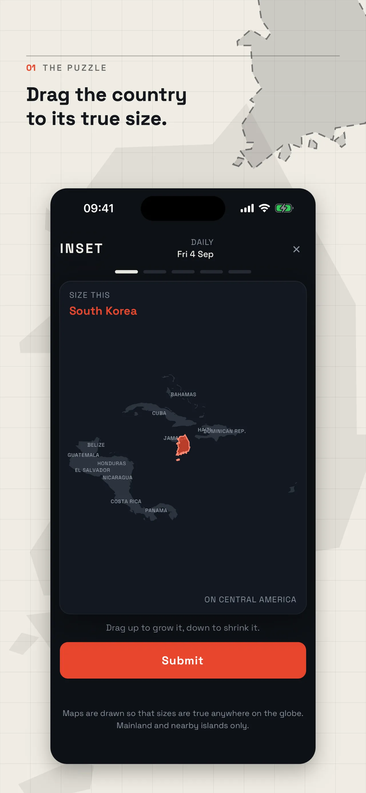 An INSET daily round: South Korea in red placed on a map of Central America and the Caribbean, ready to be resized