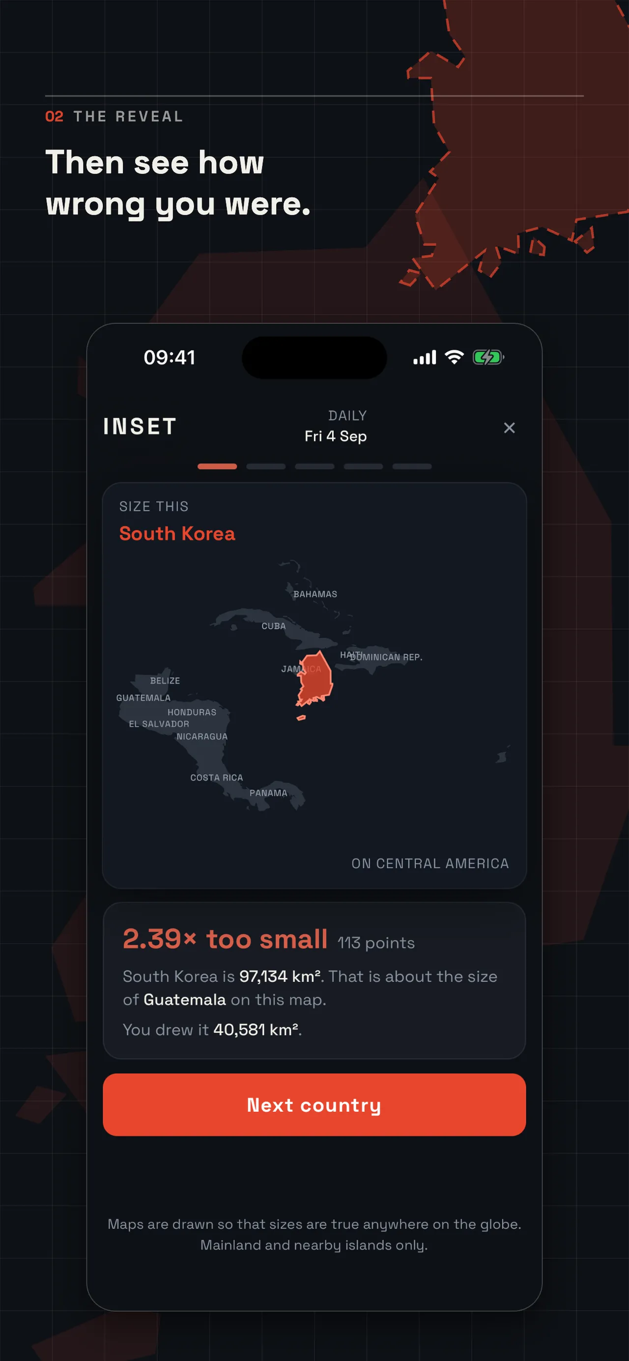 INSET's reveal: South Korea drawn 2.39 times too small, with its real area and a comparison to Guatemala