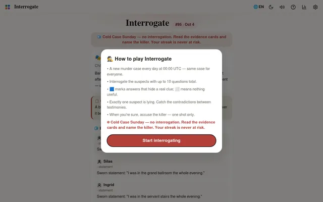 Interrogate #95 on Zalize for October 4: the How to play panel over a Cold Case Sunday, with suspects' sworn statements such as Silas, I was in the grand ballroom the whole evening