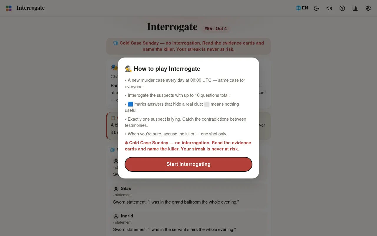 Interrogate #95 on Zalize for October 4: the How to play panel over a Cold Case Sunday, with suspects' sworn statements such as Silas, I was in the grand ballroom the whole evening