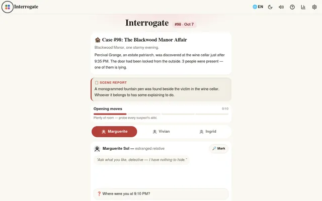 Interrogate #98 for October 7: Case #98, The Blackwood Manor Affair, with its scene report of a monogrammed fountain pen, the question meter at 0 of 10, tabs for suspects Marguerite, Vivian and Ingrid