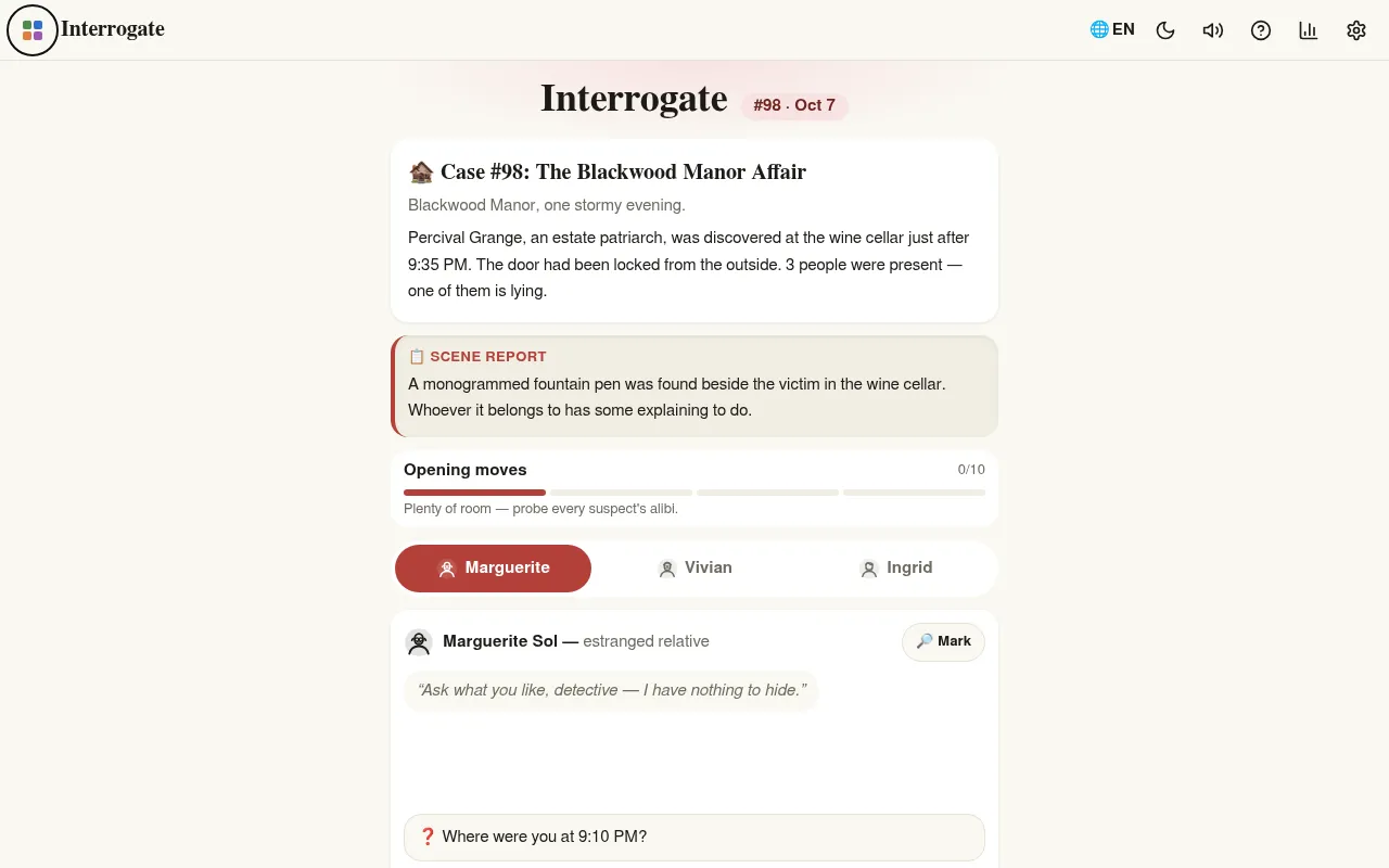 Interrogate #98 for October 7: Case #98, The Blackwood Manor Affair, with its scene report of a monogrammed fountain pen, the question meter at 0 of 10, tabs for suspects Marguerite, Vivian and Ingrid