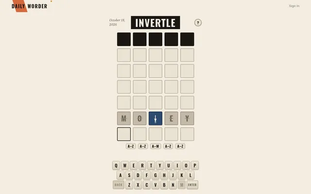 The Invertle board for October 18, 2026 after one guess, MONEY: the divided N column shows a down arrow and an A to M range, the other letters crossed out