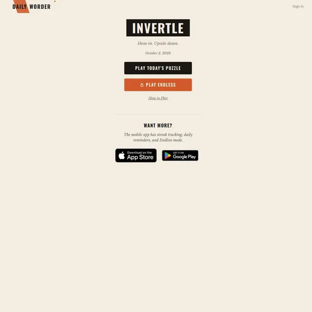 Invertle start screen for October 2, 2026 with Play Today's Puzzle and Play Endless buttons