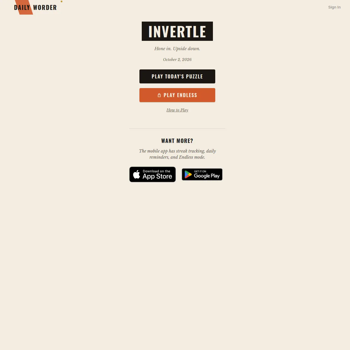 Invertle start screen for October 2, 2026 with Play Today's Puzzle and Play Endless buttons