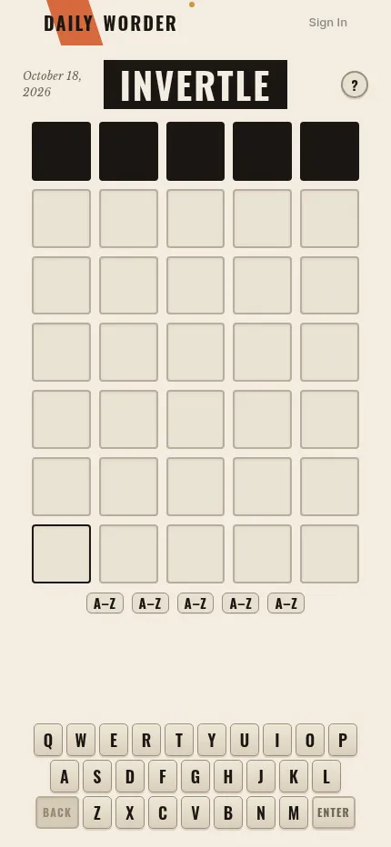 The Invertle board for October 18, 2026 at phone size: six empty rows filling from the bottom, A to Z ranges and a keyboard