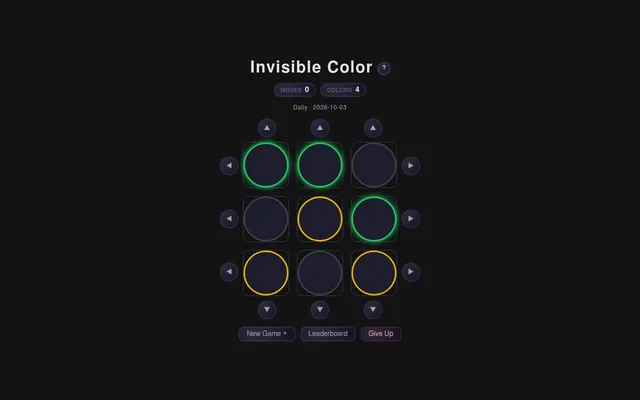 Invisible Color daily board for 2026-10-03: nine identical dark circles in a 3x3 grid, some with green or yellow borders, arrow buttons on every row and column, Moves 0 and Colors 4