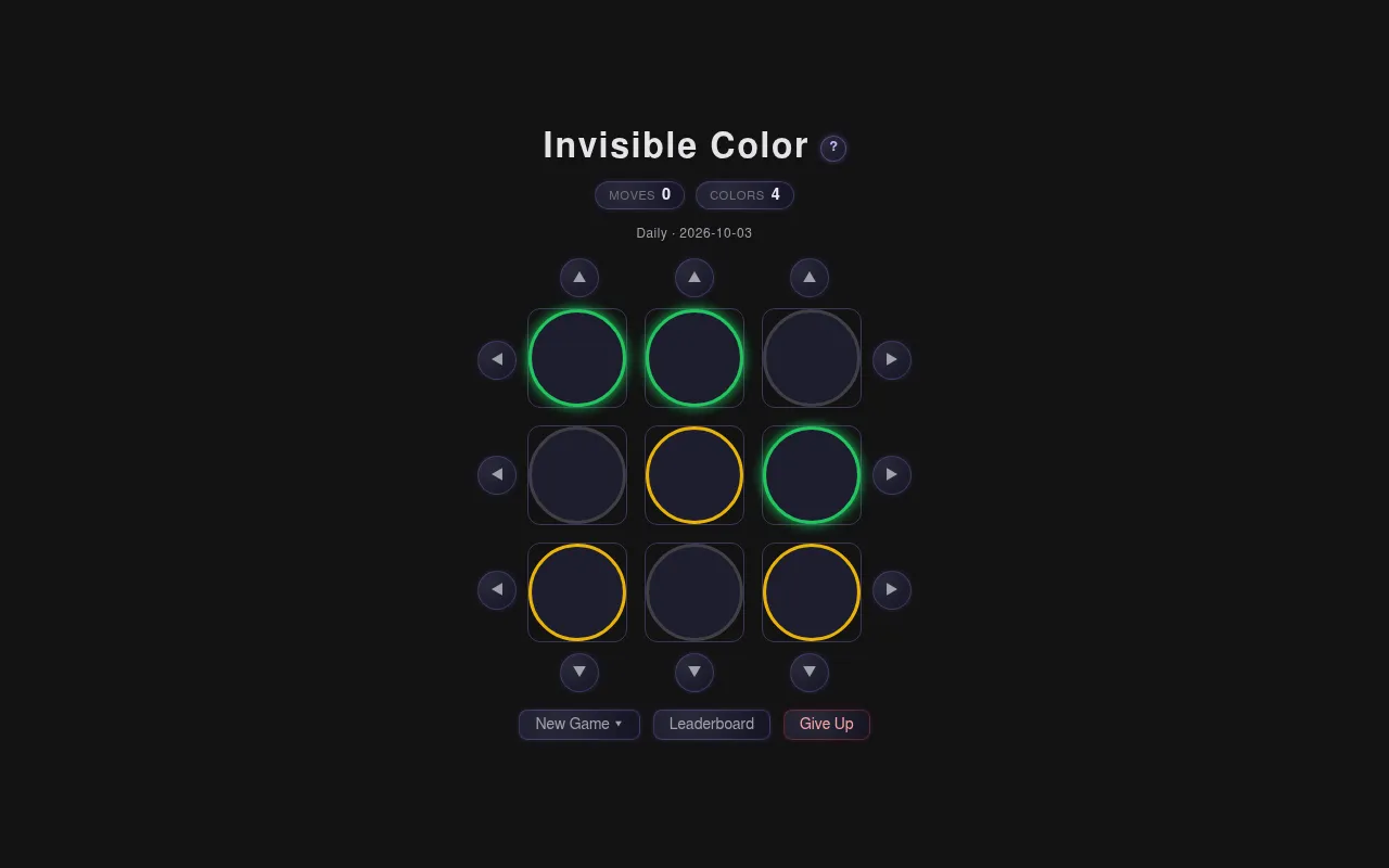 Invisible Color daily board for 2026-10-03: nine identical dark circles in a 3x3 grid, some with green or yellow borders, arrow buttons on every row and column, Moves 0 and Colors 4