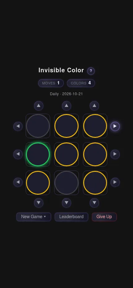 Invisible Color daily board for 2026-10-21 on a phone after one move: the top row scrolled right, Moves 1, borders showing green, yellow and grey