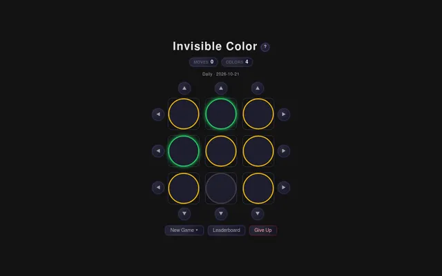 Invisible Color daily board for 2026-10-21 at desktop size: nine identical dark circles in a 3x3 grid with green, yellow and grey borders, arrow buttons on every row and column, Moves 0, Colors 4