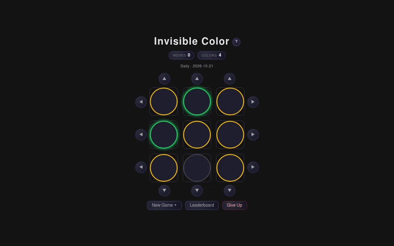 Invisible Color daily board for 2026-10-21 at desktop size: nine identical dark circles in a 3x3 grid with green, yellow and grey borders, arrow buttons on every row and column, Moves 0, Colors 4