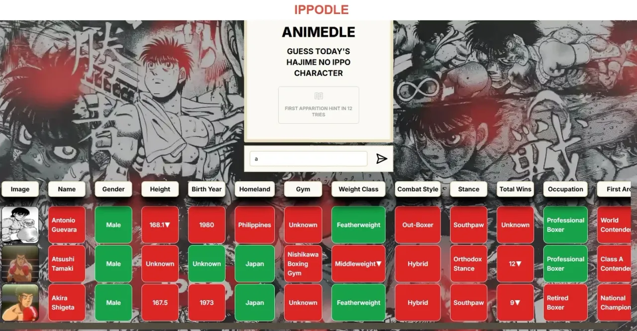 Ippodle guesses for Antonio Guevara, Atsushi Tamaki and Akira Shigeta, with tiles for gender, height, birth year, homeland, gym, weight class, combat style, stance, total wins, occupation and first ar