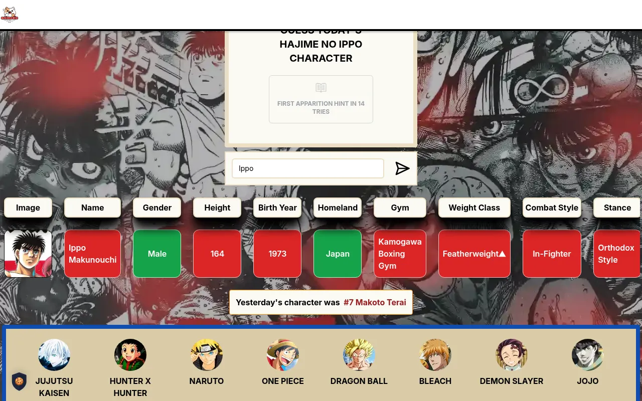 Today's Ippodle board after one guess: Ippo Makunouchi's row with green tiles for Male and Japan, red for height, gym and style, and an up arrow on Featherweight