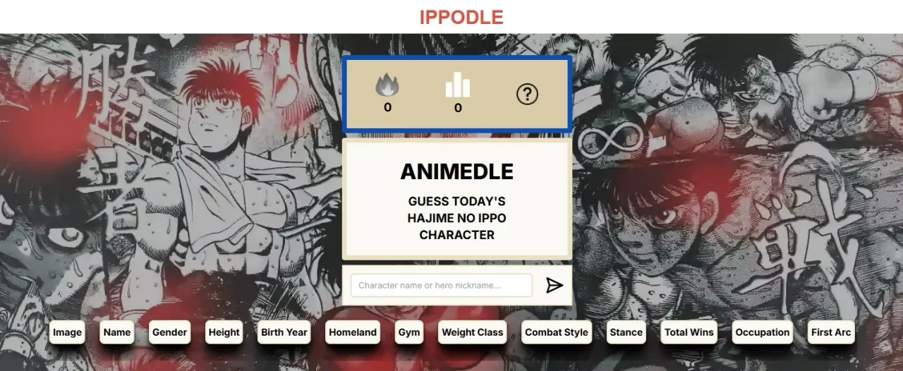 The Ippodle start screen: Guess today's Hajime no Ippo character, a name box and the attribute columns over Hajime no Ippo manga art