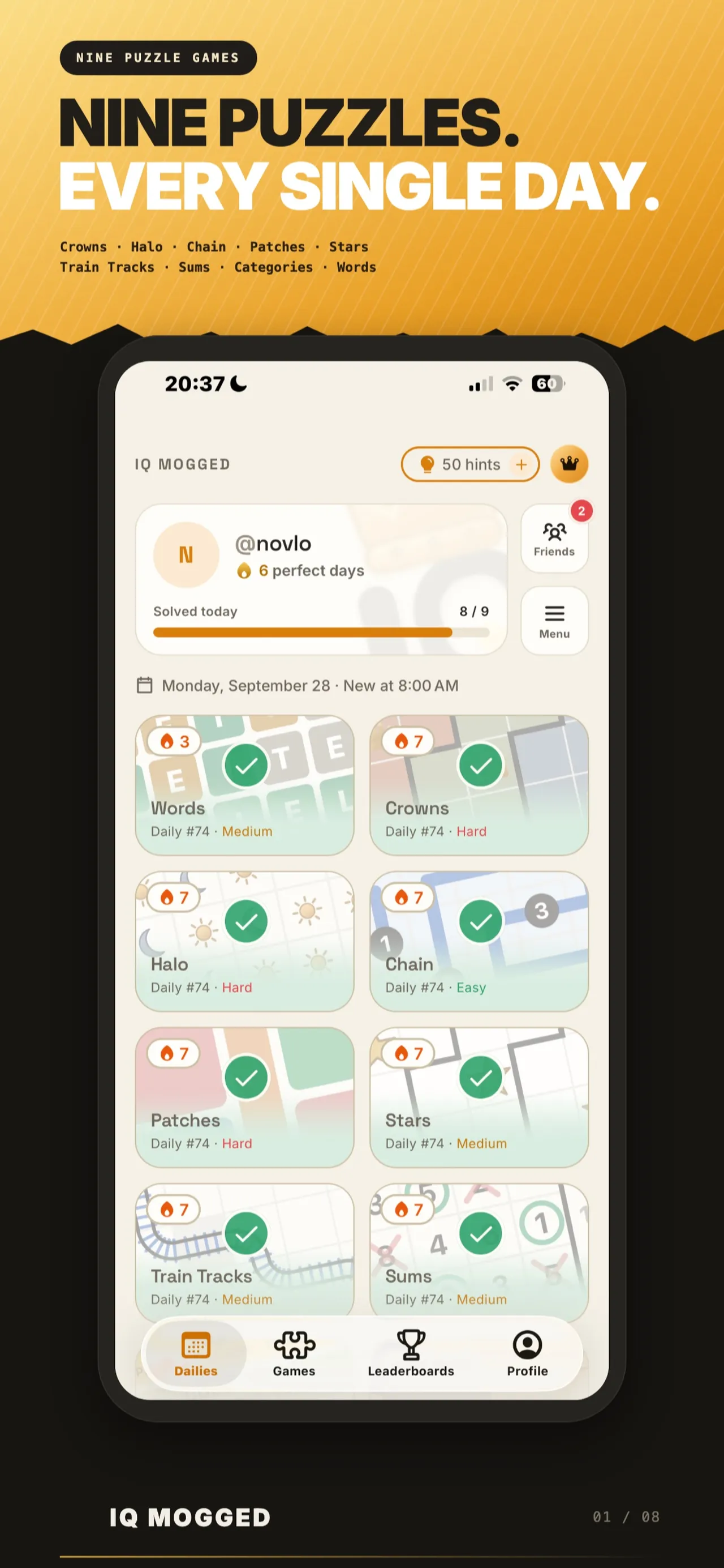 IQ Mogged's Dailies screen with the day's nine puzzle tiles, Words, Crowns, Halo, Chain, Patches, Stars, Train Tracks and Sums, each showing its streak and difficulty