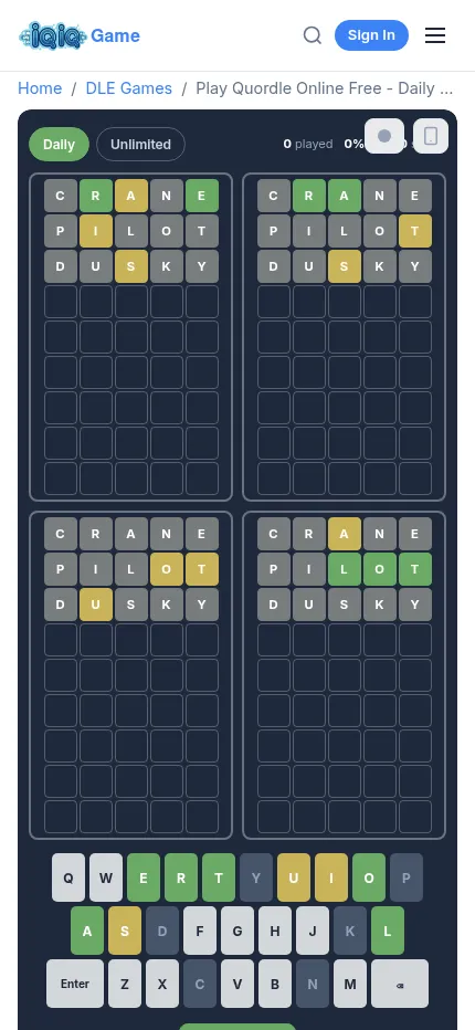 The same Daily Quordle at phone size: four boards of nine rows above the combined on-screen keyboard