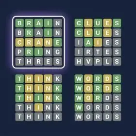 IQiQGame Quordle's own art: four Quordle boards of coloured five-letter guesses