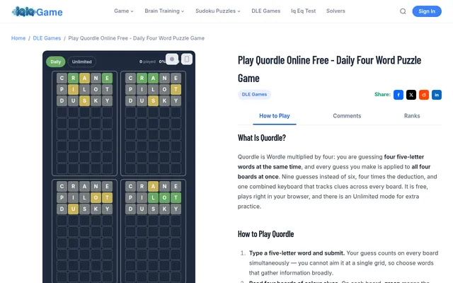 Today's Daily Quordle on iQiQGame at desktop size: CRANE, PILOT and DUSKY entered on all four boards, each coloured green, yellow and grey on its own