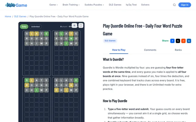 IQiQGame Quordle's Daily puzzle with three guesses, SLATE, ROUND and CHIMP, coloured green, yellow and grey on its four boards
