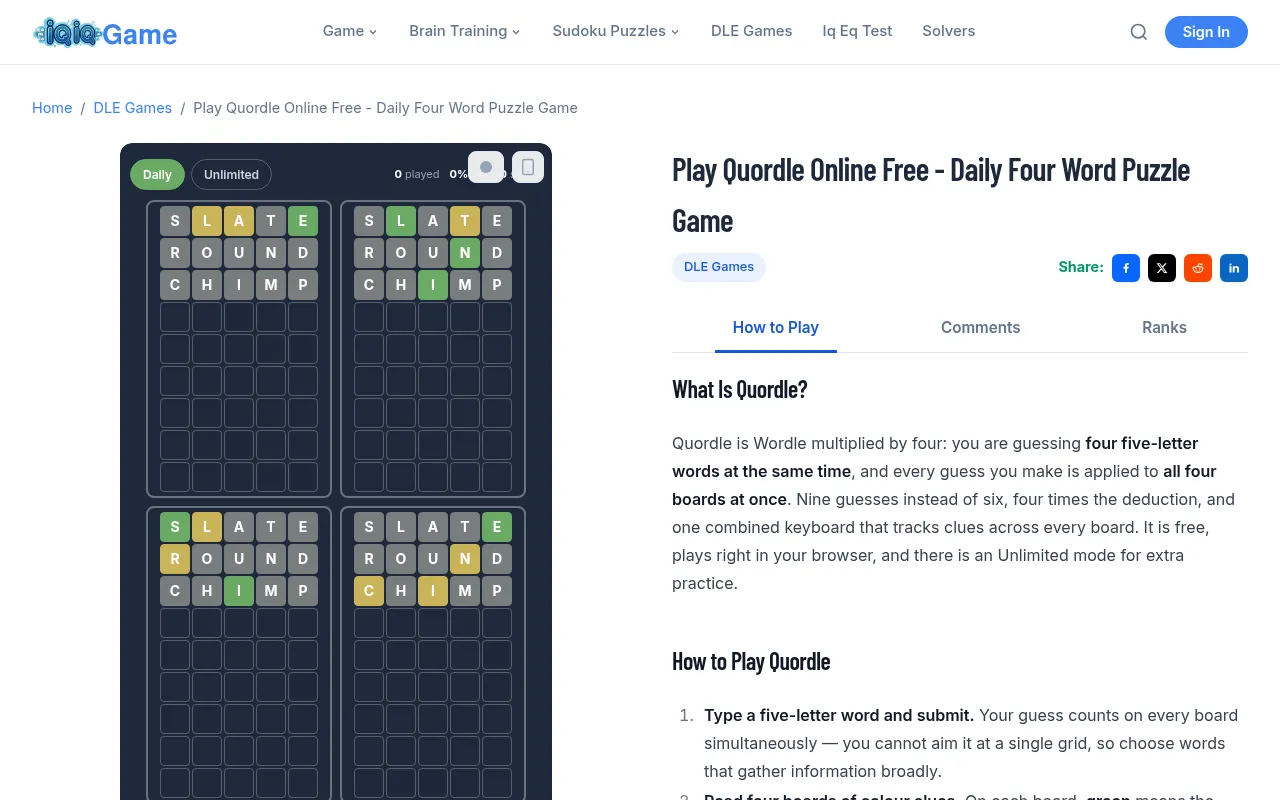 IQiQGame Quordle's Daily puzzle with three guesses, SLATE, ROUND and CHIMP, coloured green, yellow and grey on its four boards