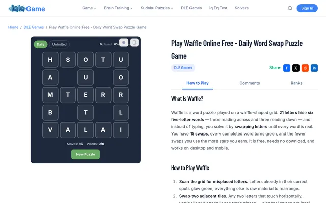 IQiQGame Waffle's Daily board for 26 October 2026 on desktop: a waffle-shaped grid of 21 shuffled letters, 15 moves and 0 of 6 words