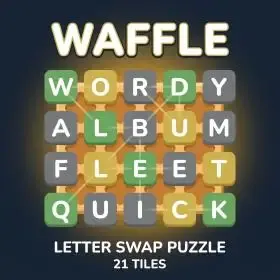 IQiQGame Waffle's own art: green, yellow and grey letter tiles under the word WAFFLE, labelled letter swap puzzle, 21 tiles