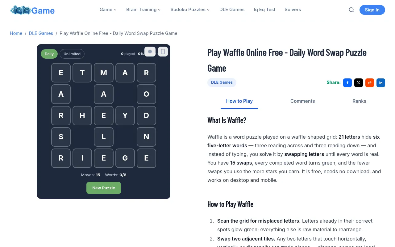 IQiQGame Waffle's Daily board: a waffle-shaped grid of 21 shuffled letters with 15 moves left and 0 of 6 words solved
