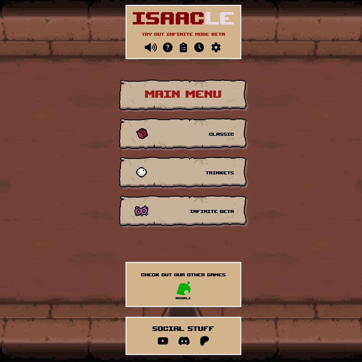 Isaacle main menu in pixel-art Binding of Isaac style, with mode buttons for Classic, Trinkets and Infinite Beta, a line to try out infinite mode beta, and links to other games and social accounts