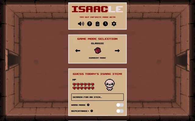 Isaacle classic mode: the pixel-art title panel, the game mode selector set to Classic, and the Guess today's Isaac item panel with a row of red hearts for guesses left, a crying Isaac sprite and the
