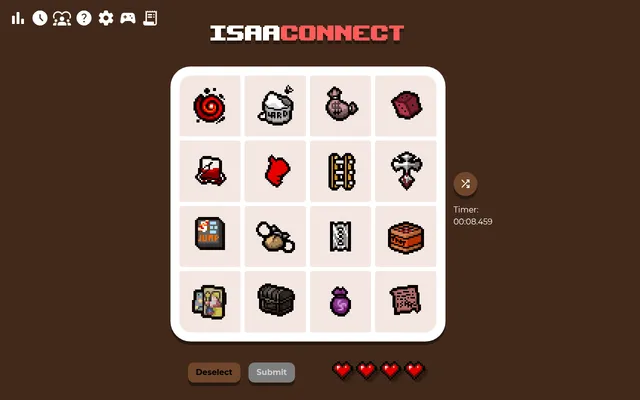 An Isaaconnect board: sixteen pixel-art Binding of Isaac item icons in a four-by-four grid, with Deselect and Submit buttons, four heart lives and a running timer