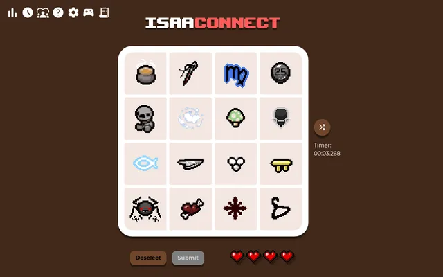Today's Isaaconnect board on a desktop: sixteen pixel-art Binding of Isaac item icons in a four-by-four grid, with Deselect and Submit buttons, four heart lives and a timer