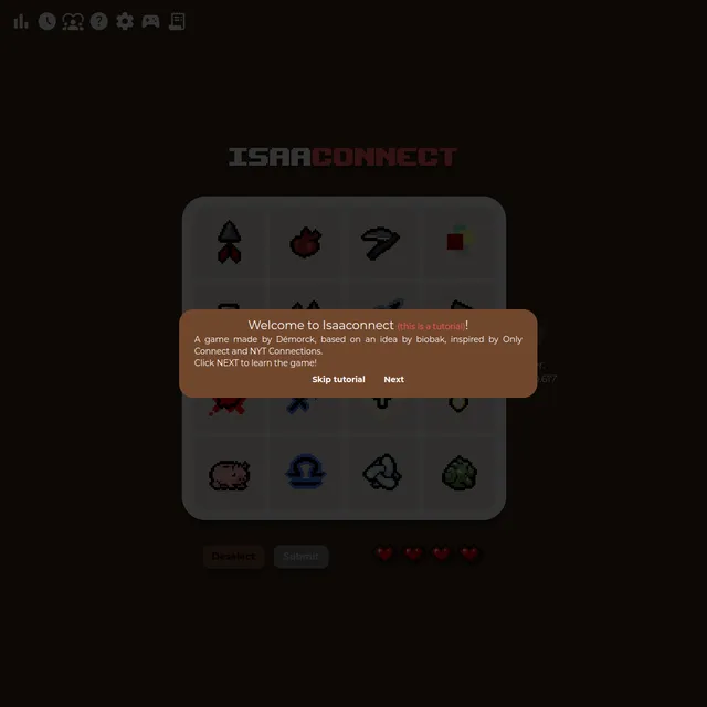 Isaaconnect showing a four-by-four grid of pixel-art Binding of Isaac item icons with Deselect and Submit buttons and four heart lives, under a tutorial note saying the game is made by Demorck, from a