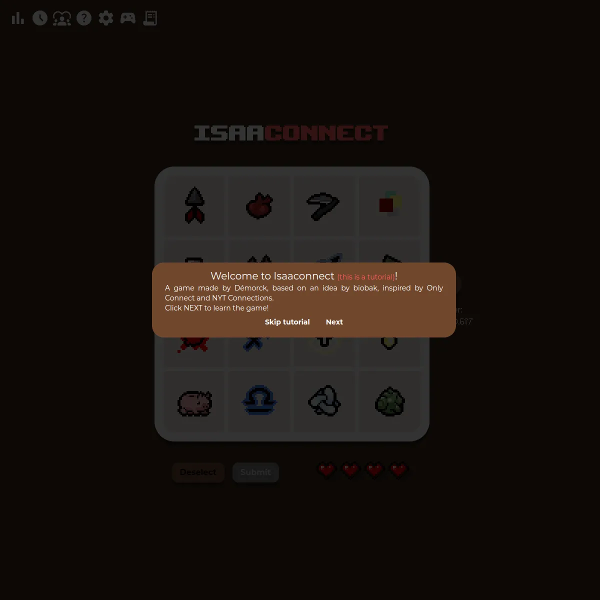 Isaaconnect showing a four-by-four grid of pixel-art Binding of Isaac item icons with Deselect and Submit buttons and four heart lives, under a tutorial note saying the game is made by Demorck, from a