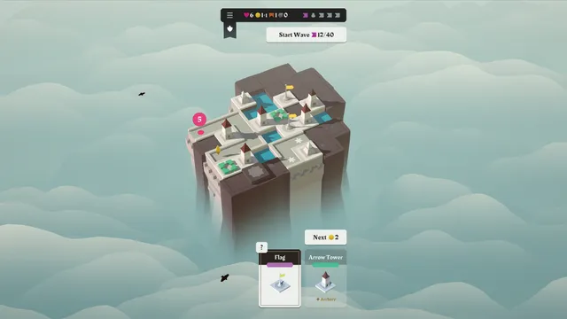 Isle of Arrows floating island in the clouds with towers and paths, and Flag and Arrow Tower tiles to place