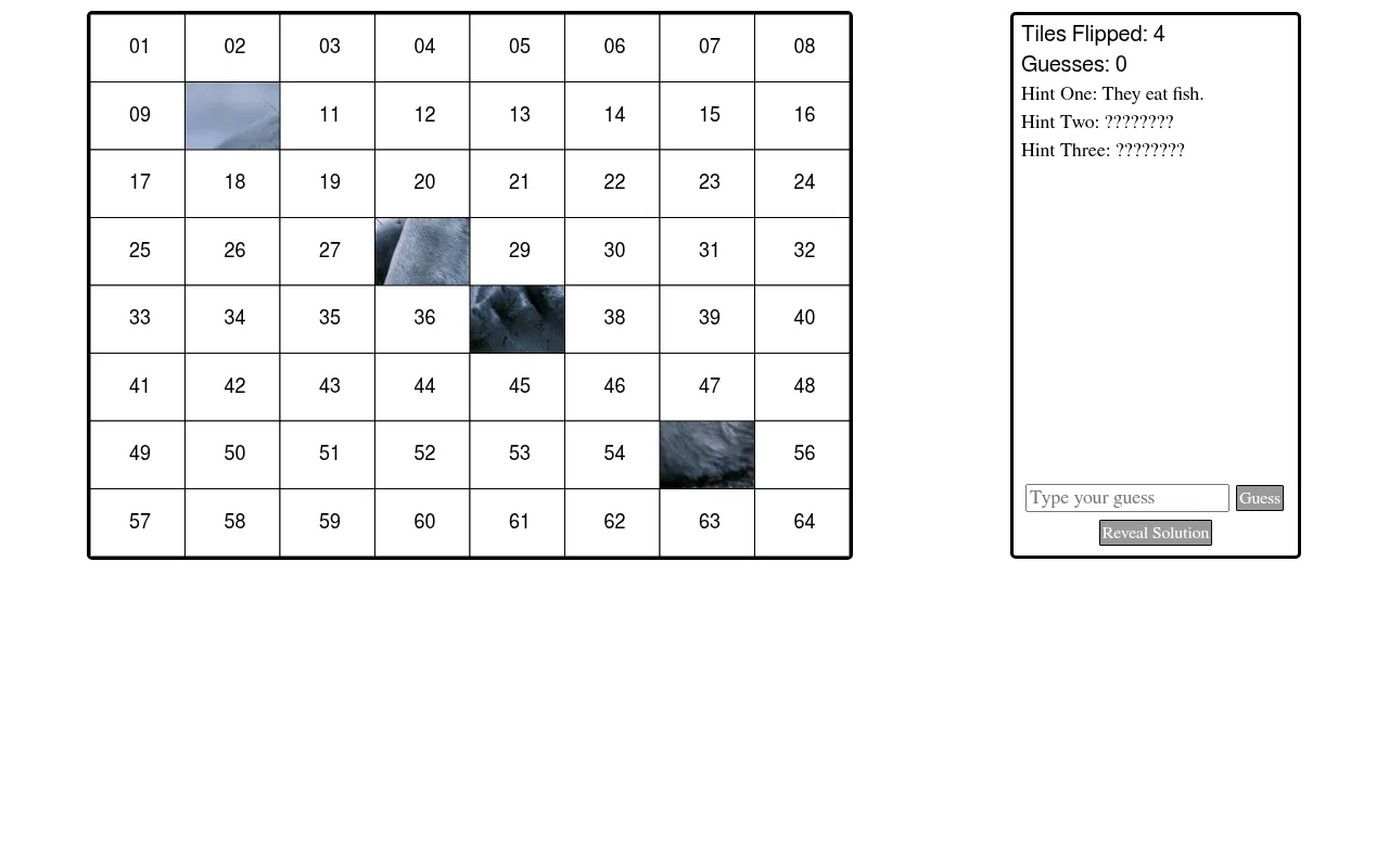 It's a Mystery Picture Game! in play: an 8 by 8 grid of numbered tiles with four flipped to show parts of the hidden photo, and the side panel with Tiles Flipped 4, Guesses 0, Hint One: They eat fish,