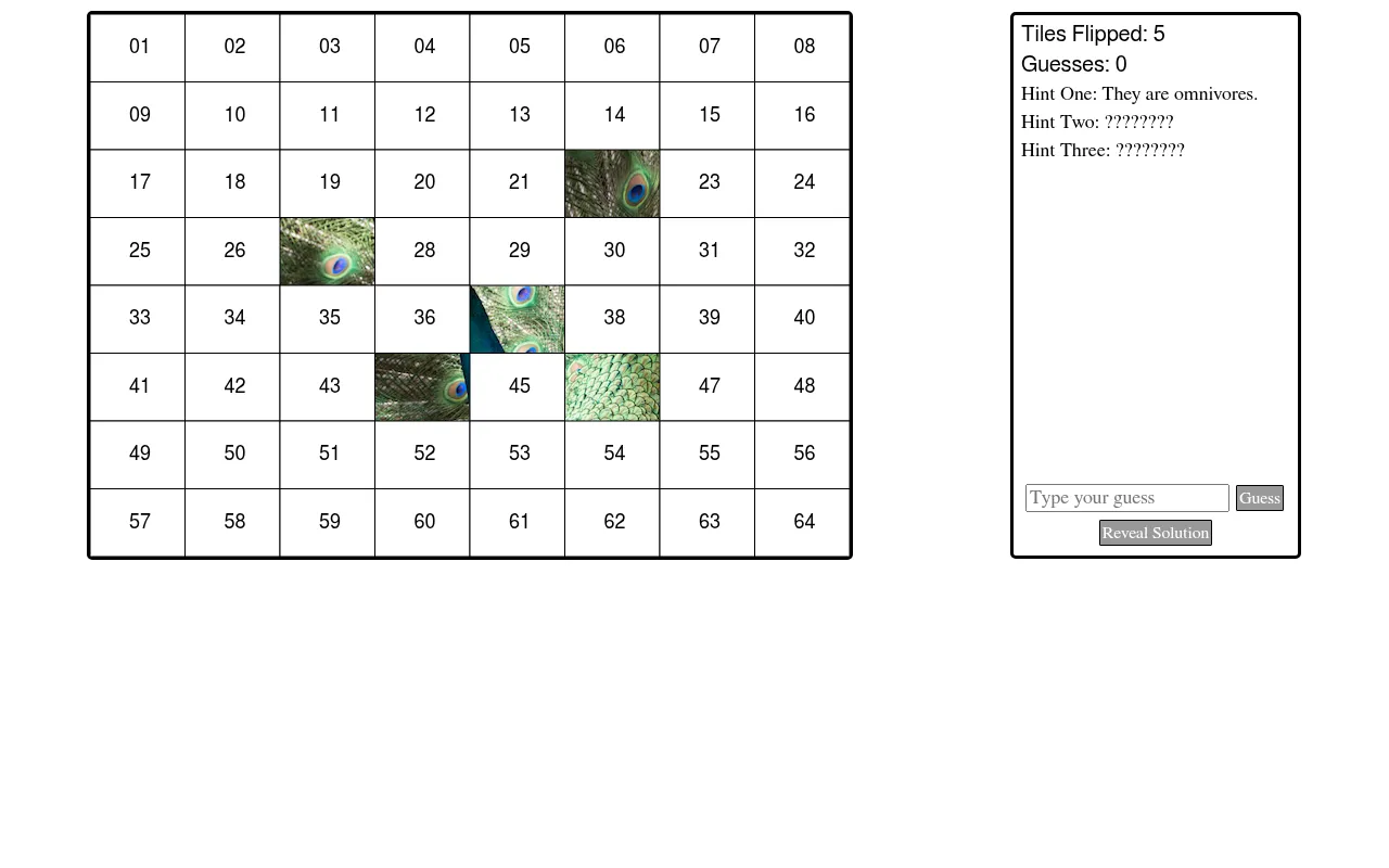 It's a Mystery Picture Game! in play: an 8 by 8 grid with five tiles flipped to show a peacock's tail feathers, and the panel with Tiles Flipped 5 and Hint One: They are omnivores.