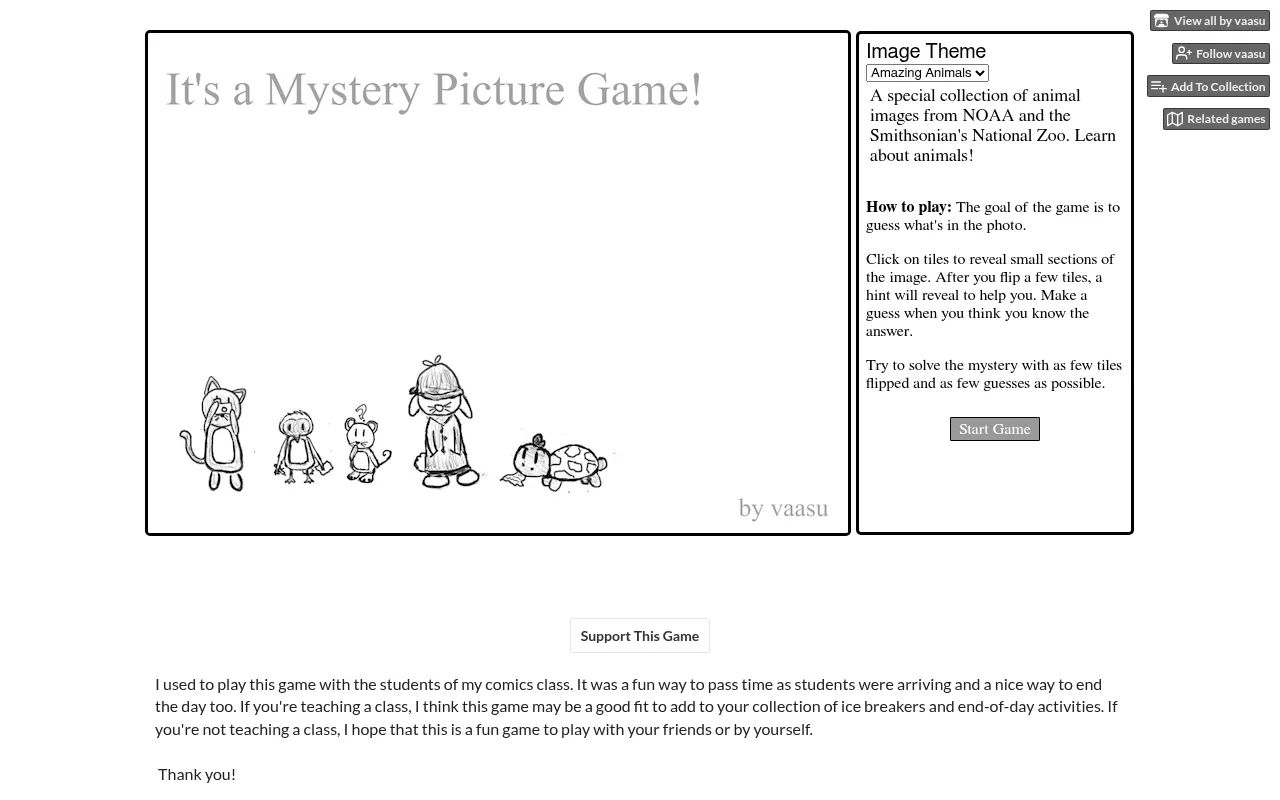 It's a Mystery Picture Game! on itch.io: the game window with its title screen and the Amazing Animals image theme, how-to-play text and Start Game