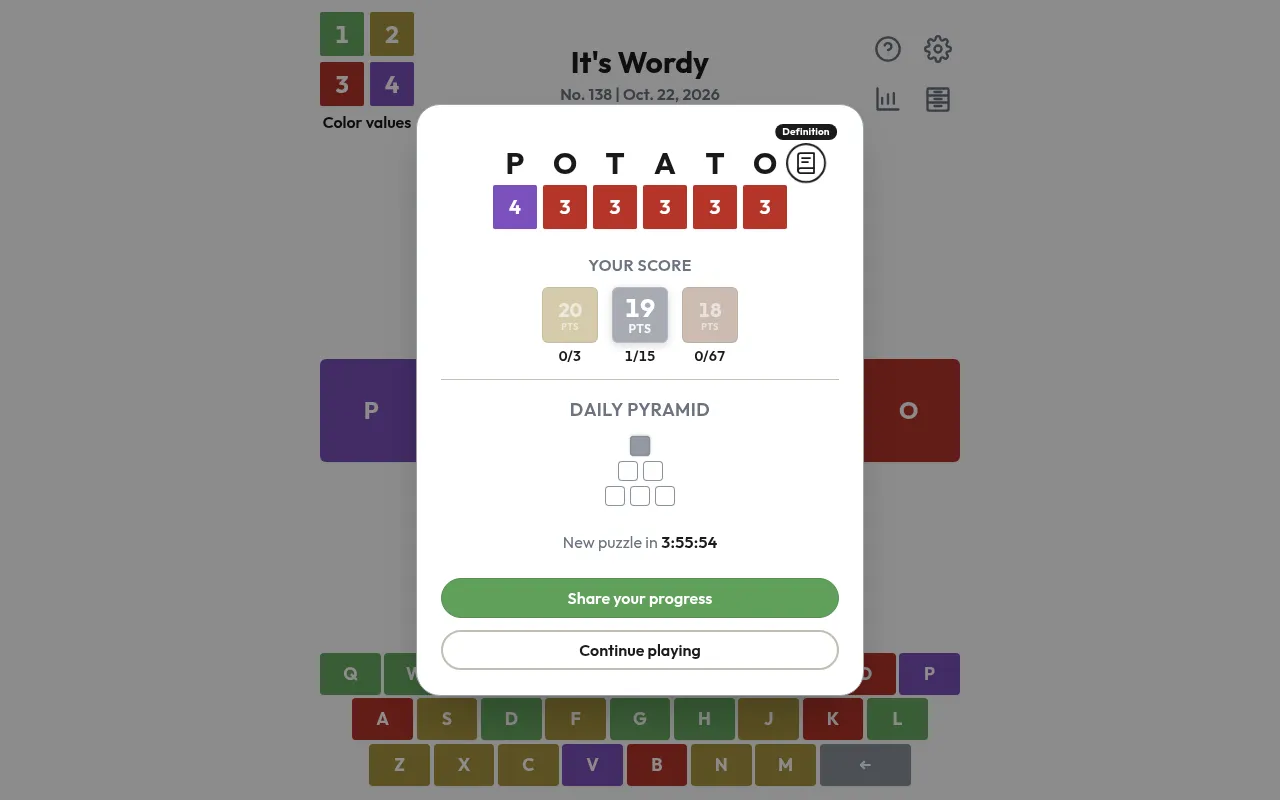 It's Wordy result card after submitting POTATO: letter values 4 3 3 3 3 3, a silver 19 points, the gold, silver and bronze word counts and the daily pyramid