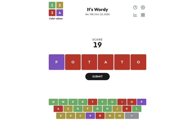 It's Wordy No. 138 for 22 October 2026: POTATO typed in six coloured tiles for a score of 19, above a keyboard coloured by the day's letter values