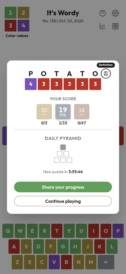 It's Wordy on a phone: the result card for POTATO with 20, 19 and 18 point tiers, the daily pyramid and the countdown to the next puzzle