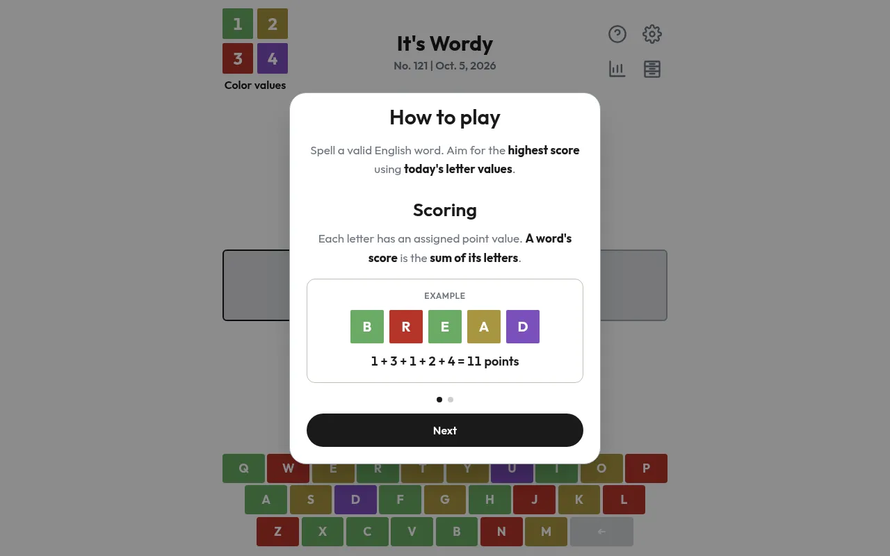 It's Wordy how to play: each letter has a point value and a word scores their sum, shown with BREAD scoring 1 + 3 + 1 + 2 + 4 = 11